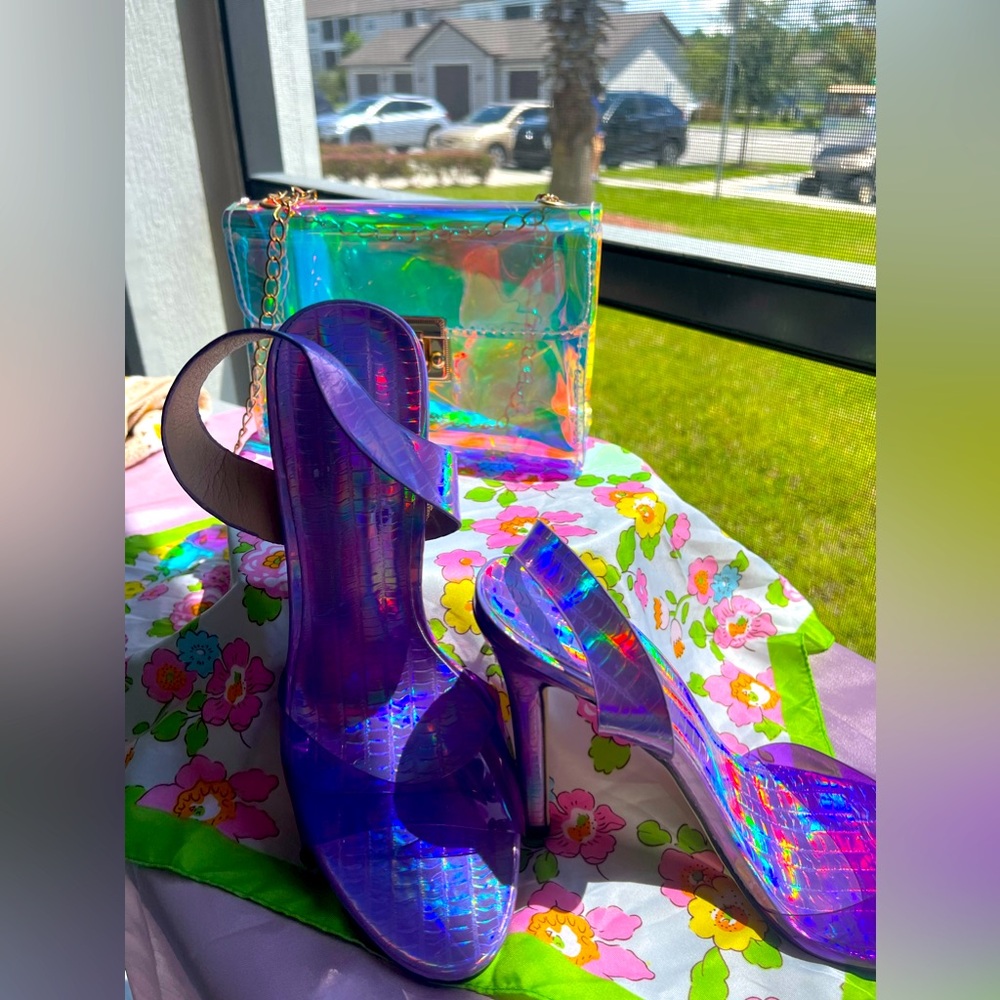 Iridescent open toe heels/ Iridescent small purse